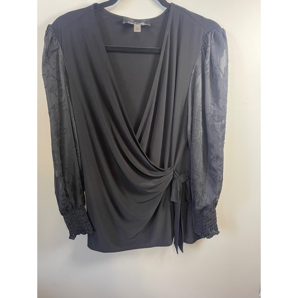 Black Label by Evan-Picone Wrap Top XL Black Sheer Burnout Floral Sleeves V-Neck